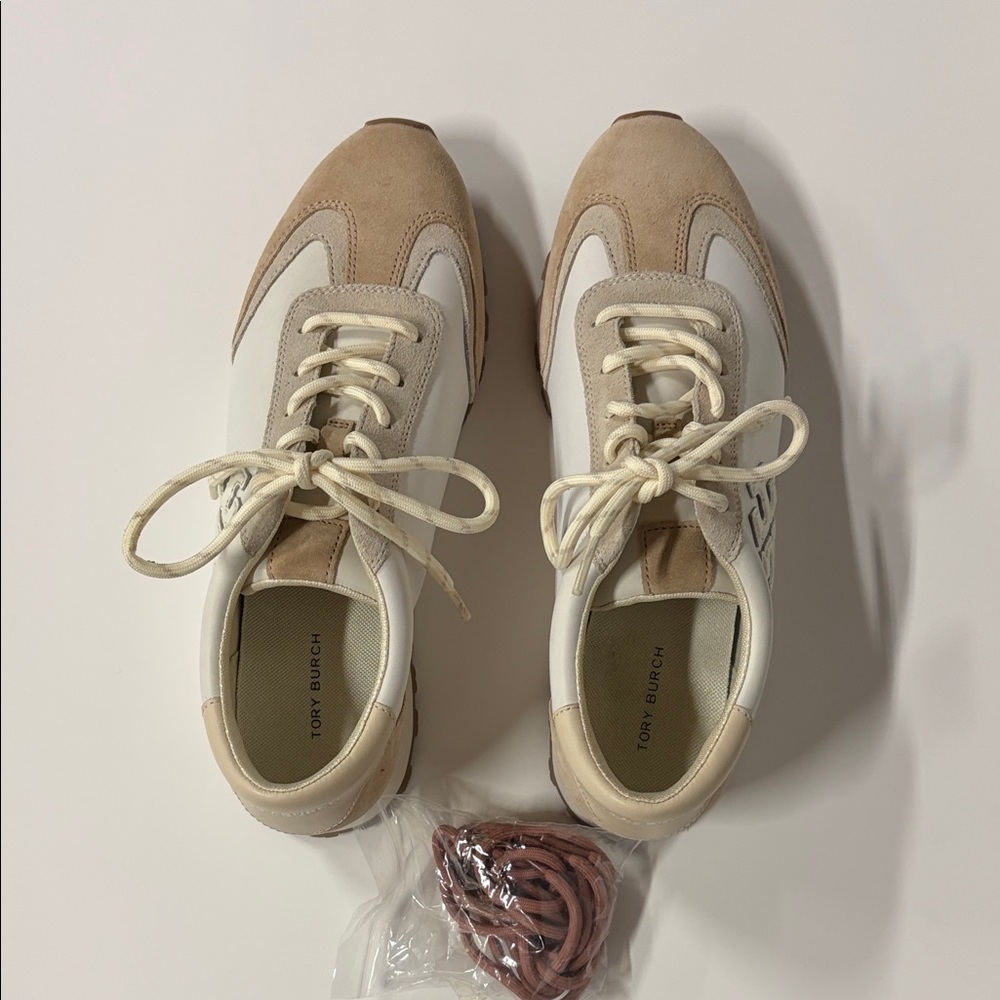 Tory Burch Women's White and Beige Suede-Trim Sneakers